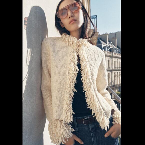 ZARA Wool-Blend Fringe Knit Cardigan NWT – Ecru Textured Jacket, Size XL - Picture 5 of 16